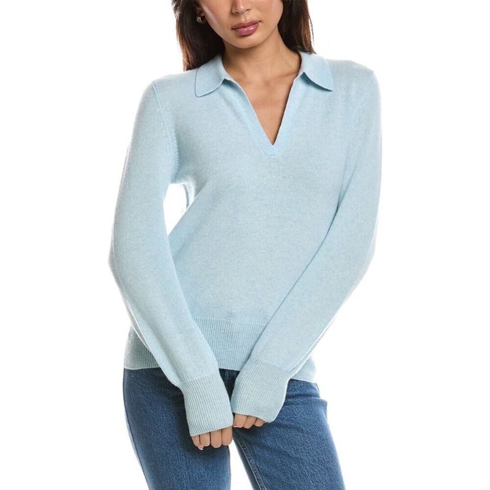 Forte Cashmere Womens  Split Neck 100% Cashmere Polo Sweater, Blue